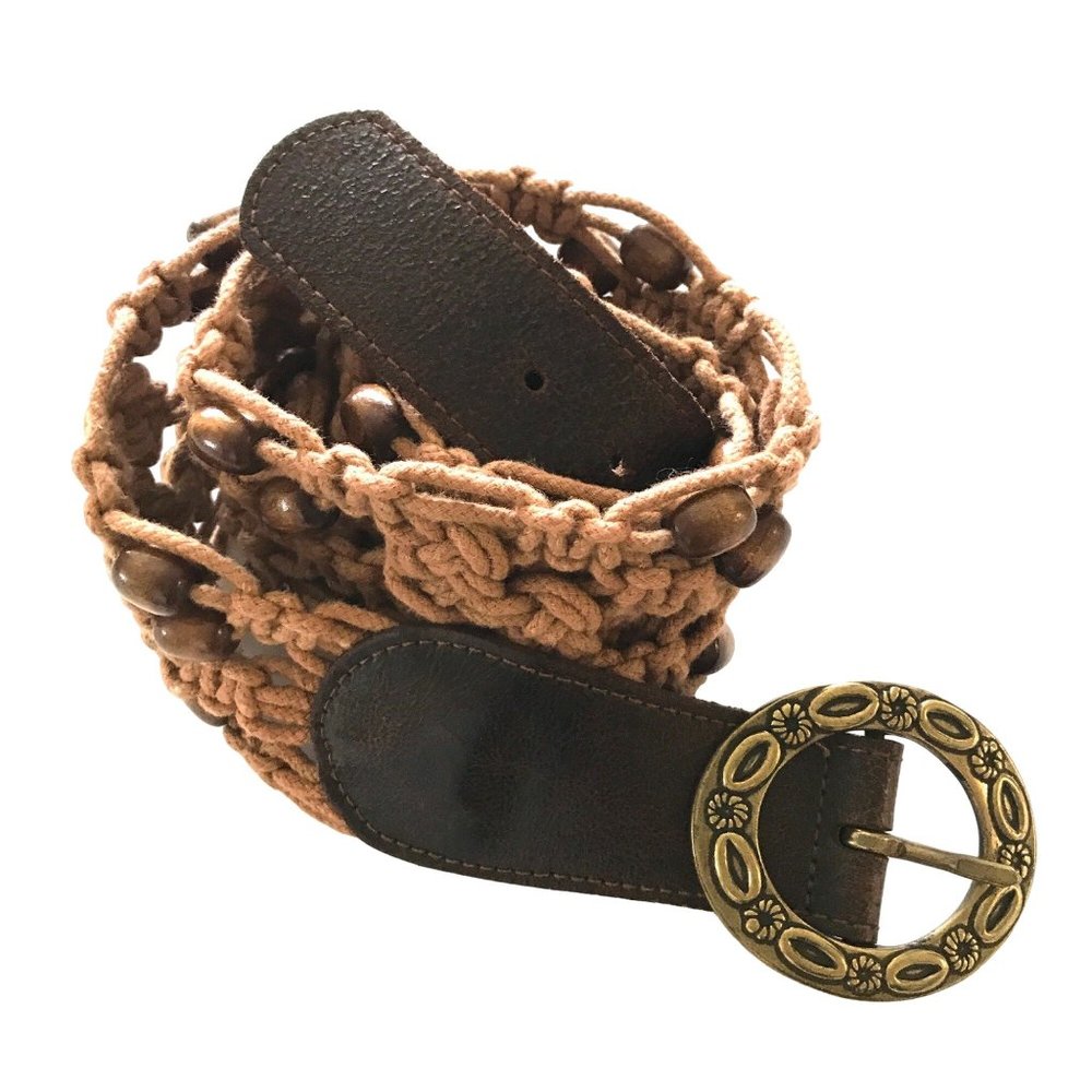 Boho Macrame Belt Wood Beads Brass Buckle Large Italian Leather